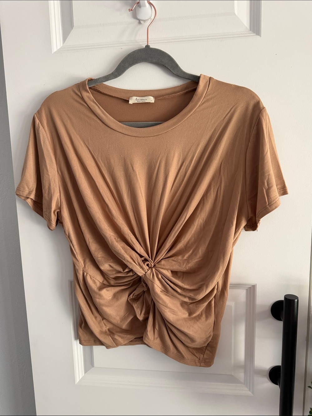 Knot-Front Short Sleeve Top - Tan